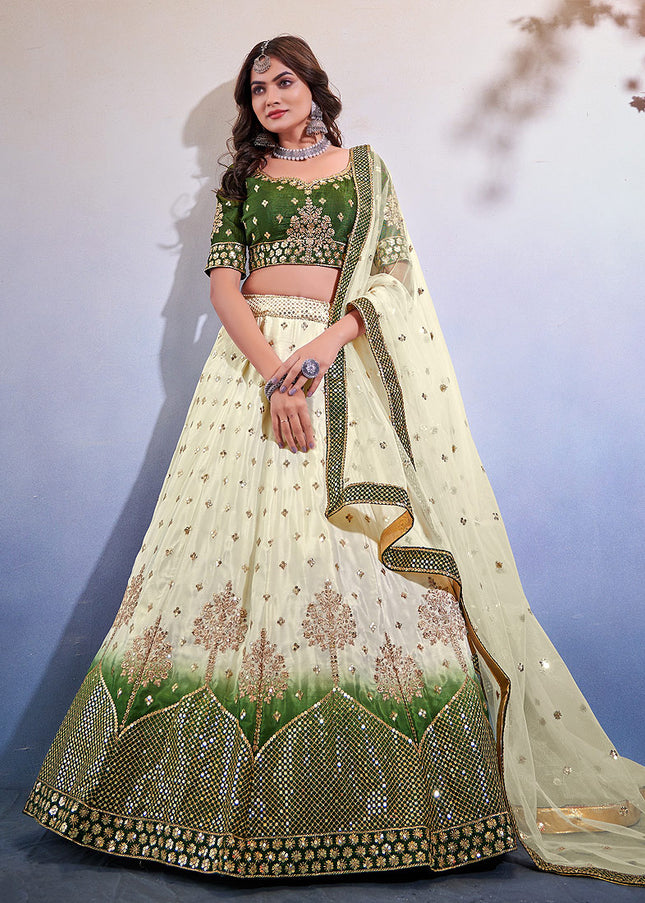 Green and Offwhite Embroidered Lehenga