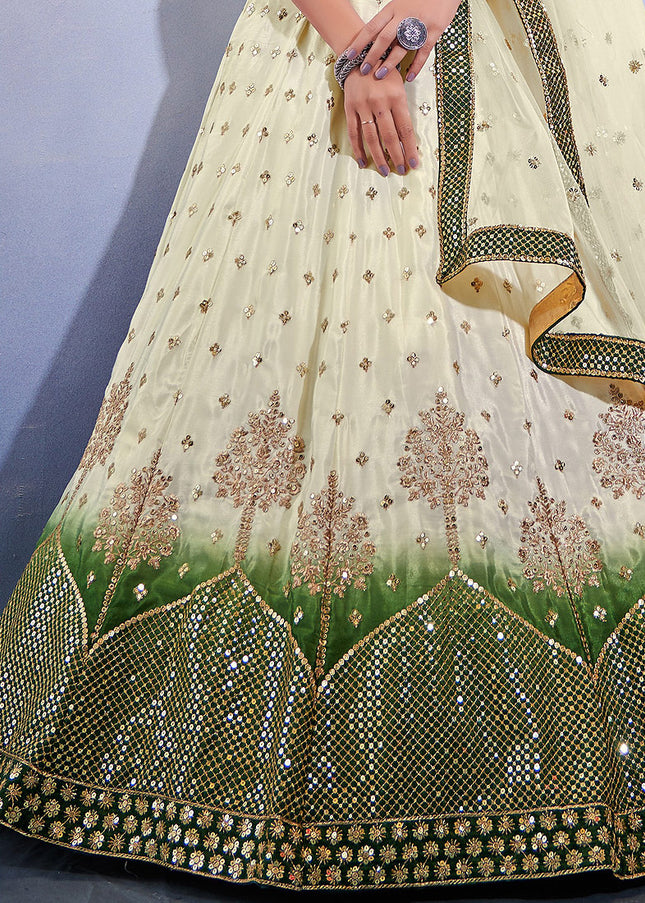 Green and Offwhite Embroidered Lehenga