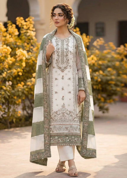 Offwhite and Green Embroidered Pant Style Suit