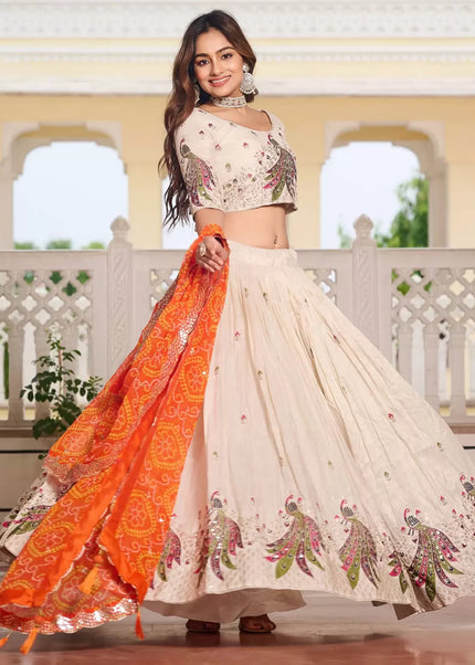 Offwhite and Orange Embroidered Lehenga Choli