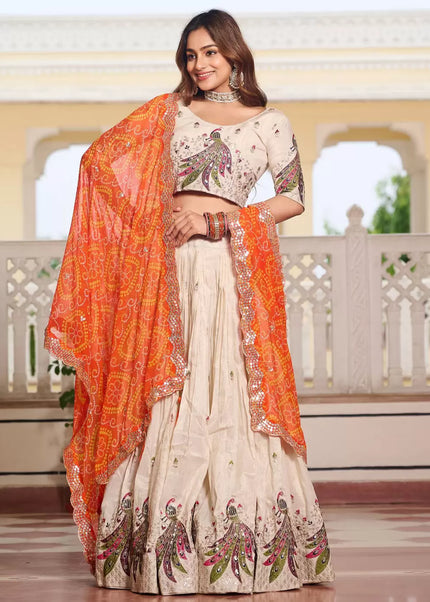 Offwhite and Orange Embroidered Lehenga Choli