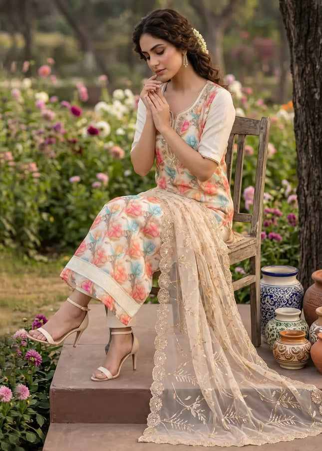 Offwhite Embroidered Pant Style Suit