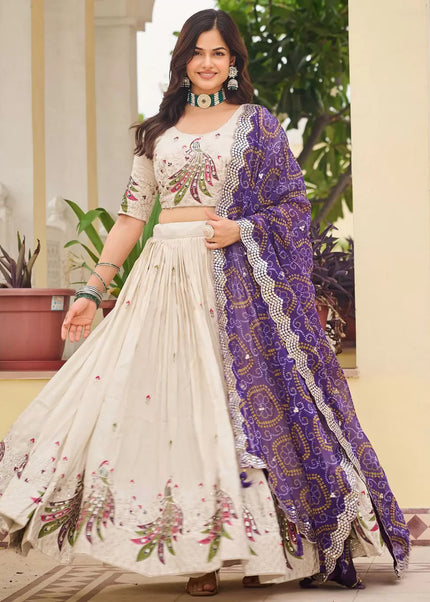 Offwhite and Purple Embroidered Lehenga Choli