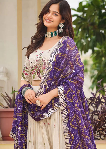 Offwhite and Purple Embroidered Lehenga Choli