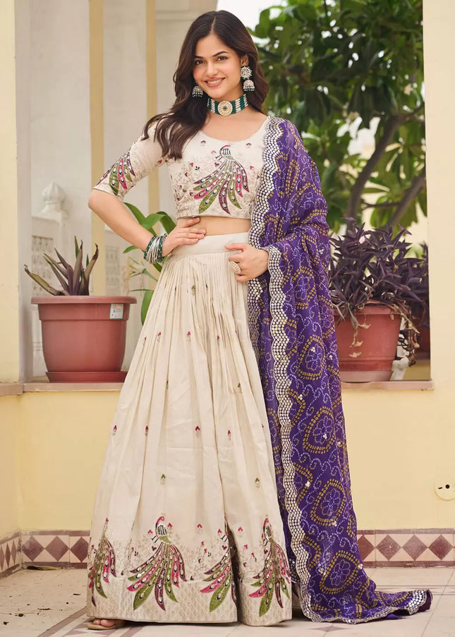 Offwhite and Purple Embroidered Lehenga Choli