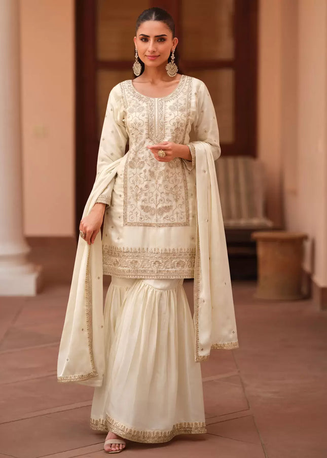 Offwhite Embroidered Gharara Suit