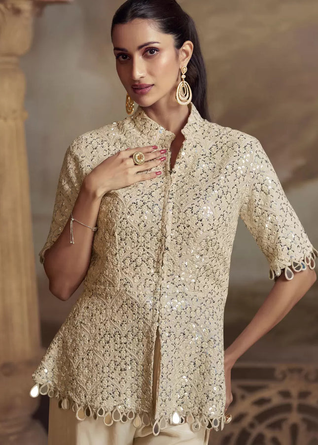 Cream Embroidered Sharara Suit