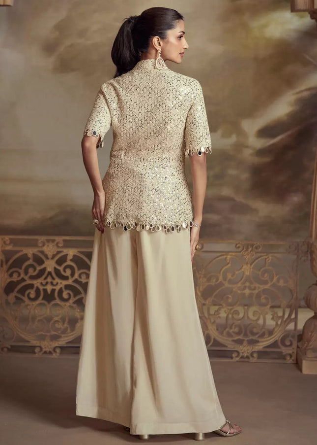 Cream Embroidered Sharara Suit