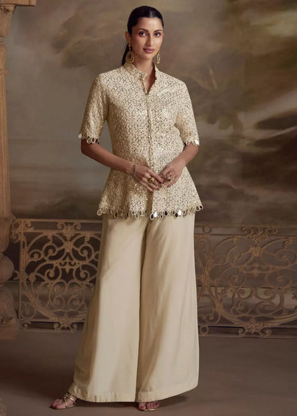 Cream Embroidered Sharara Suit