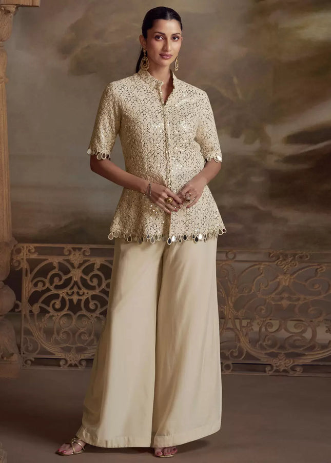 Cream Embroidered Sharara Suit