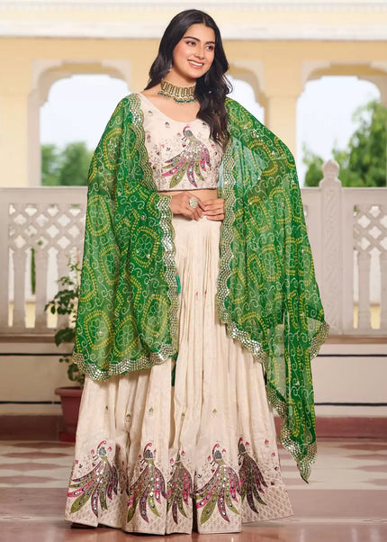 Offwhite and Green Embroidered Lehenga Choli