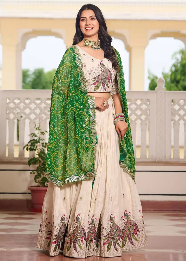 Offwhite and Green Embroidered Lehenga Choli