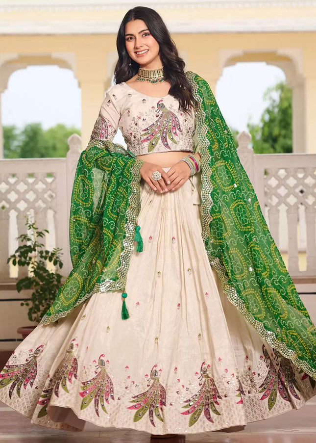 Offwhite and Green Embroidered Lehenga Choli