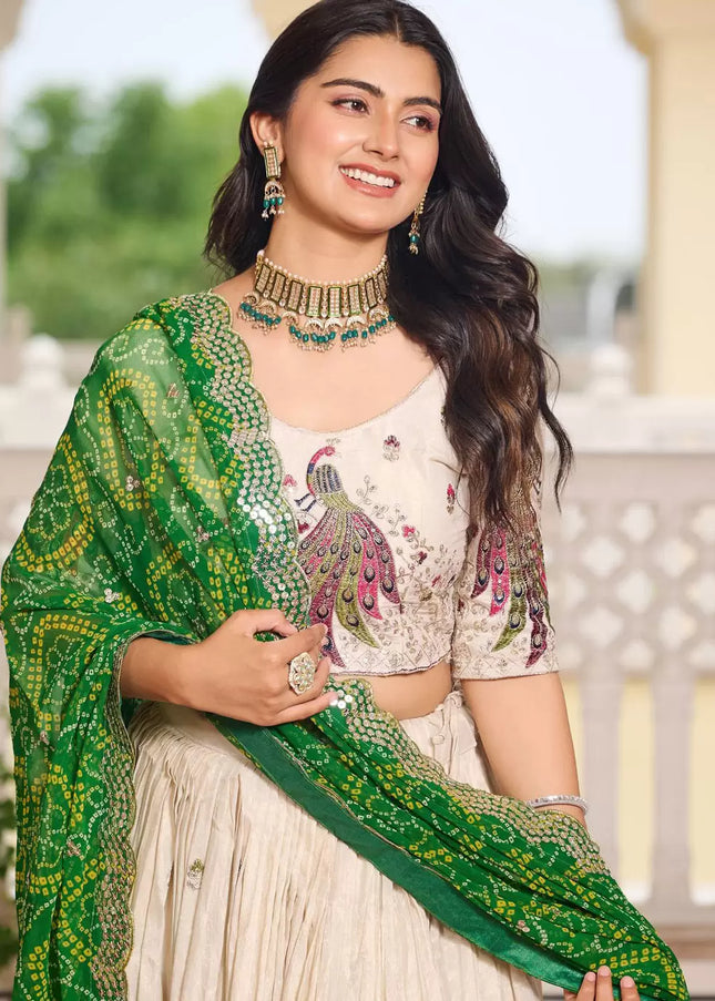 Offwhite and Green Embroidered Lehenga Choli