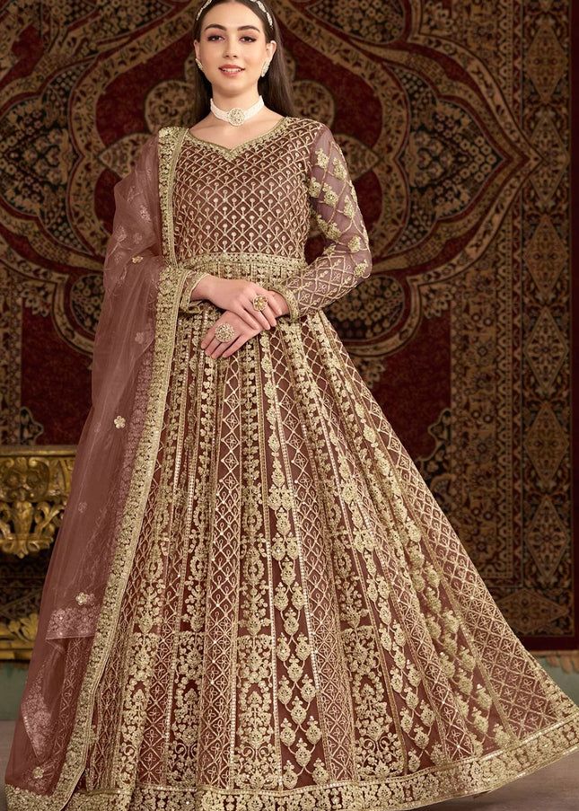 Brown Embroidered Anarkali