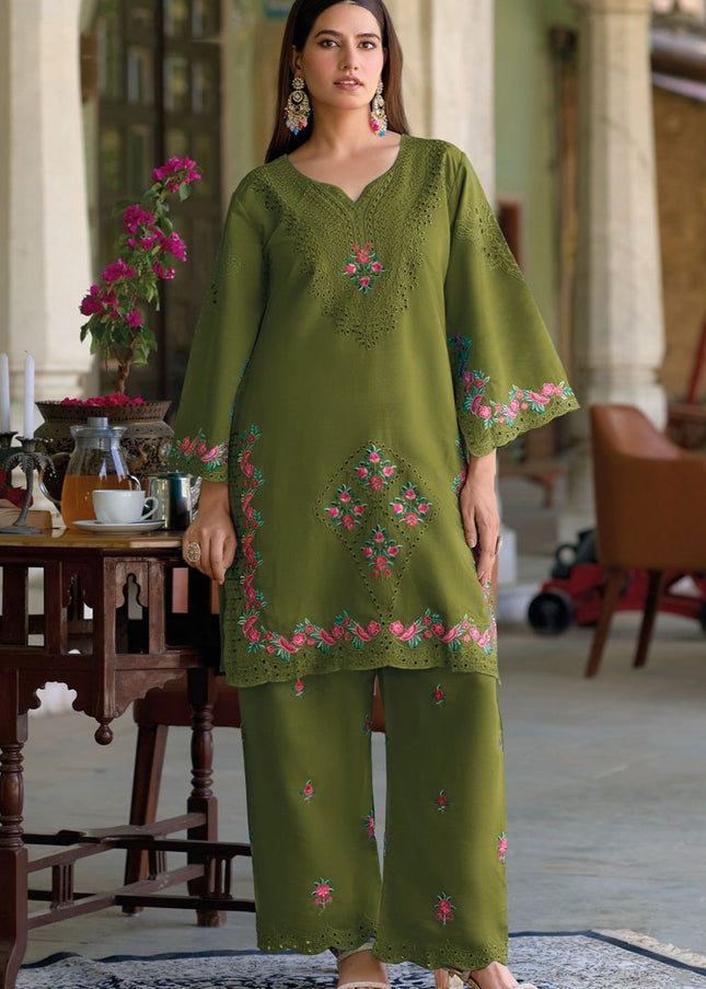 Green Embroidered Pant Style Suit