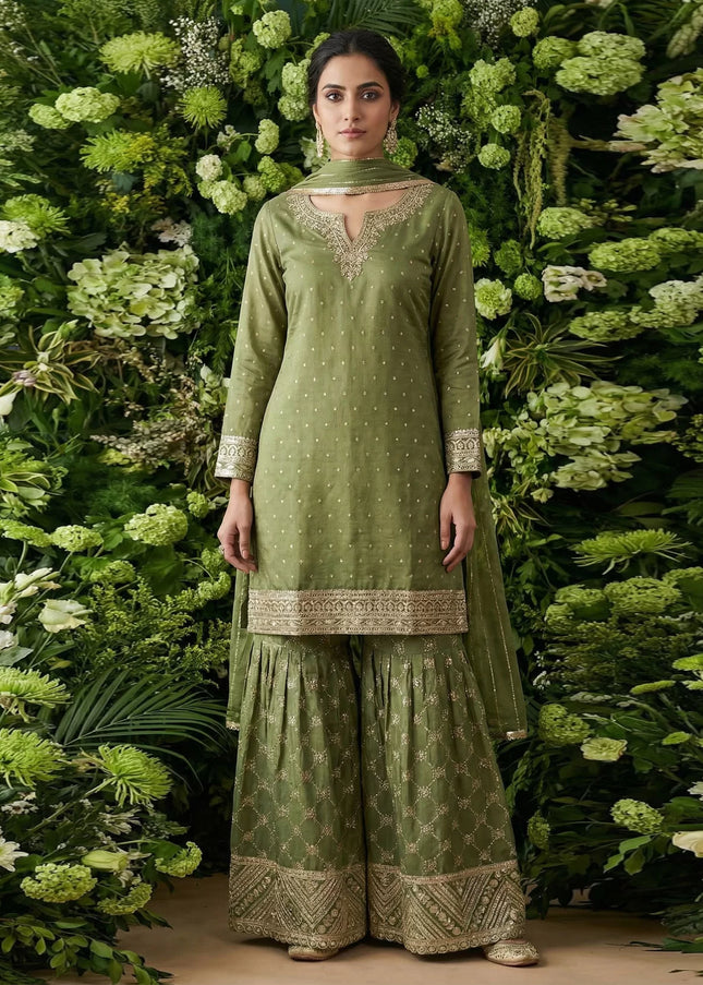 Green Embroidered Gharara Suit
