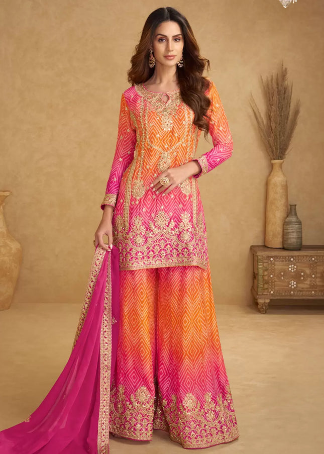 Orange and Pink Printed and Embroidered Sharara Suit