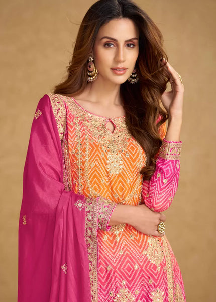 Orange and Pink Printed and Embroidered Sharara Suit