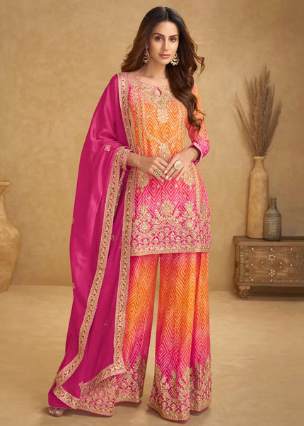 Orange and Pink Printed and Embroidered Sharara Suit