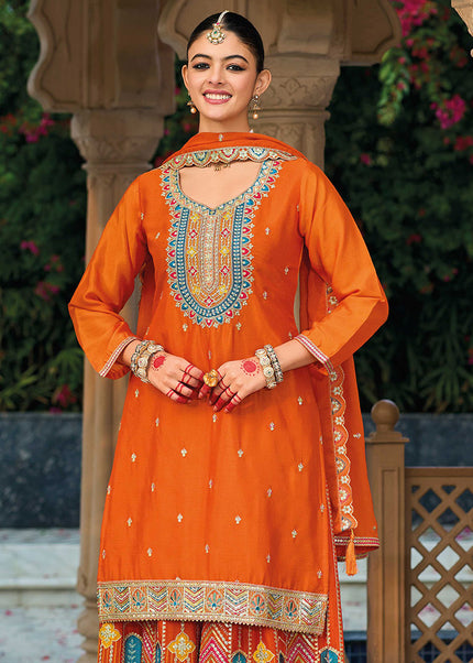 Orange Embroidered Sharara Suit