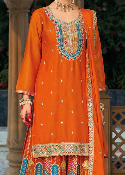 Orange Embroidered Sharara Suit