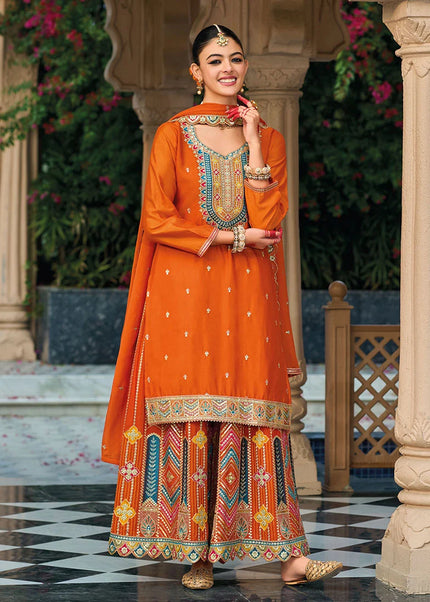 Orange Embroidered Sharara Suit