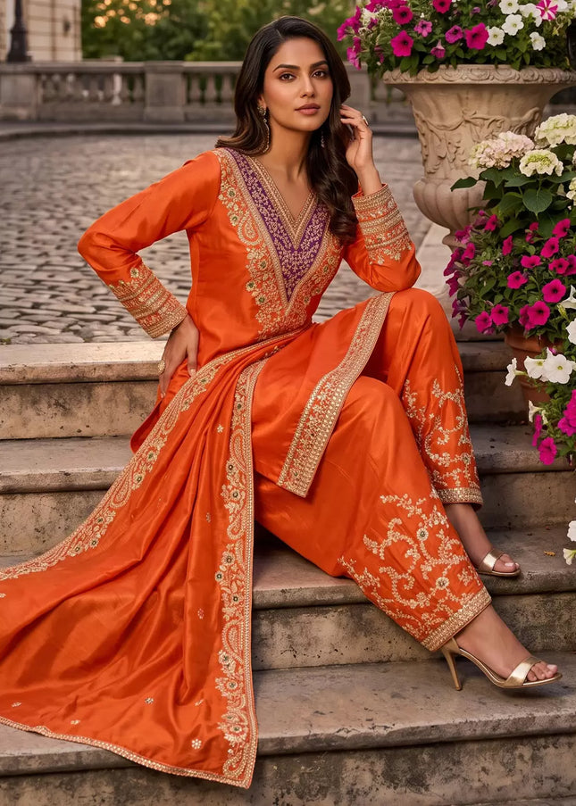 Orange Embroidered Pant Style Suit