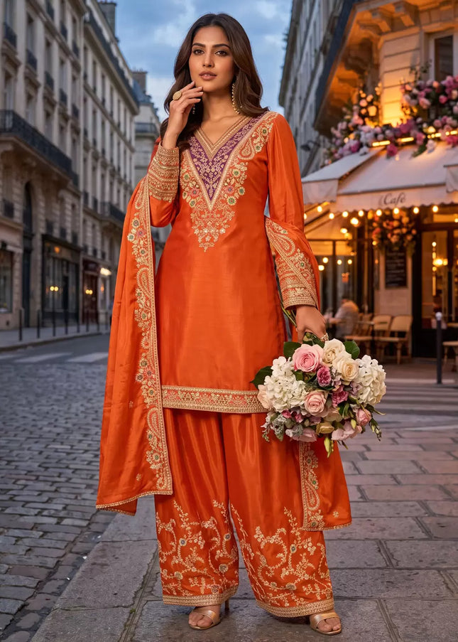Orange Embroidered Pant Style Suit