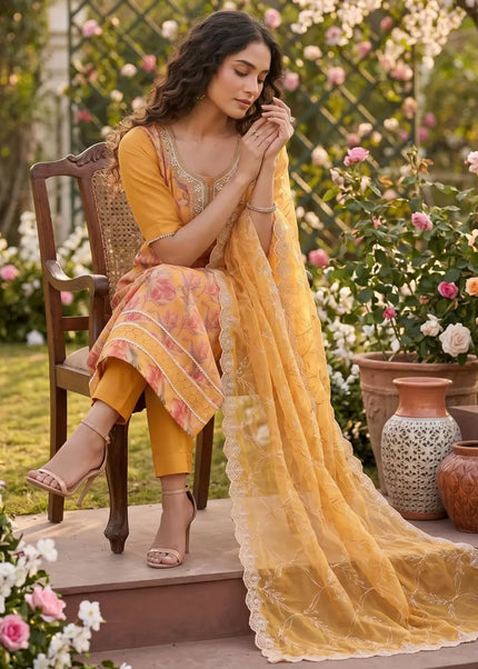 Orange Embroidered Pant Style Suit