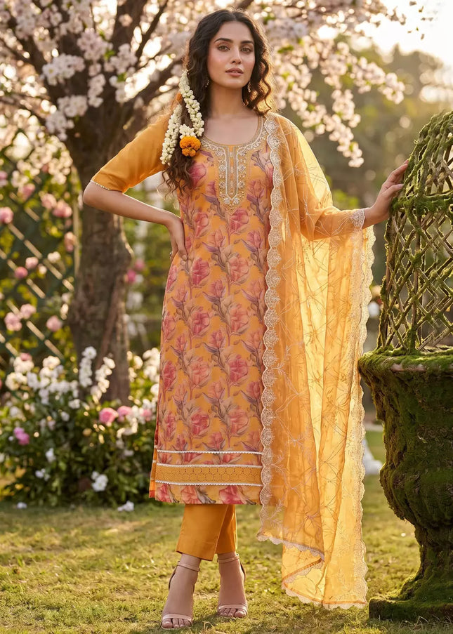 Orange Embroidered Pant Style Suit