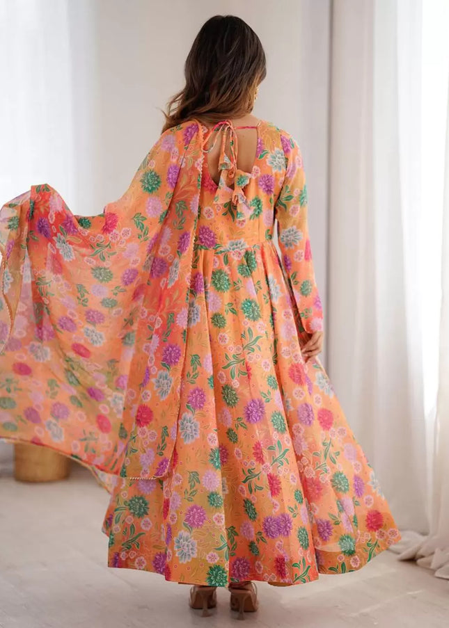 Orange Floral Printed Anarkali