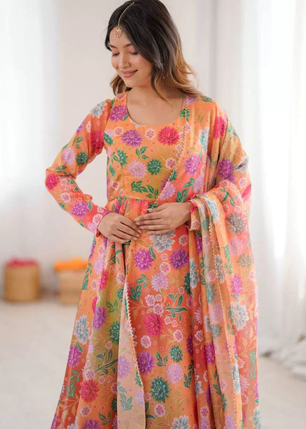 Orange Floral Printed Anarkali
