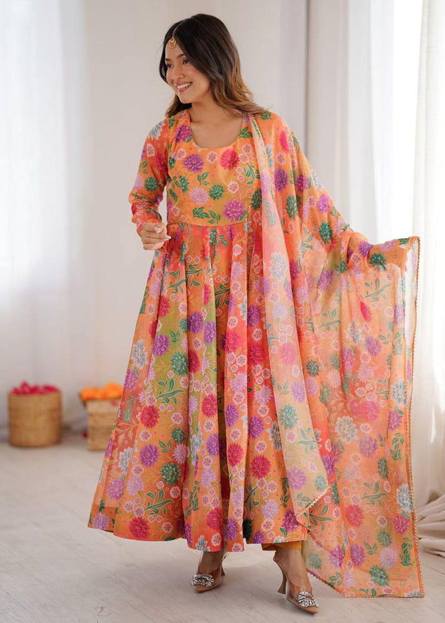 Orange Floral Printed Anarkali
