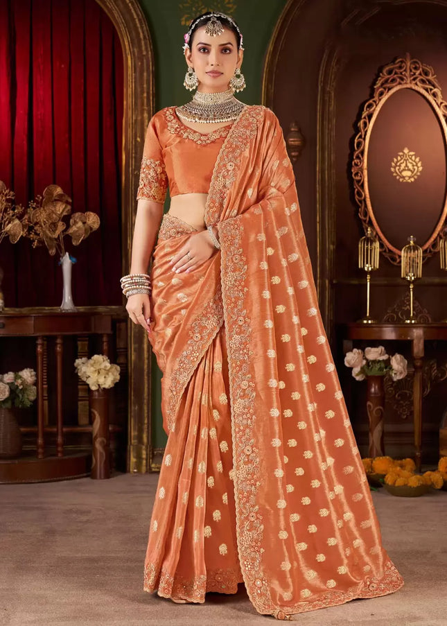 Orange Embroidered Wedding Saree