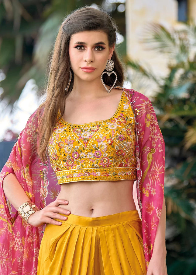 Yellow and Pink Embroidered Dhoti Style Suit