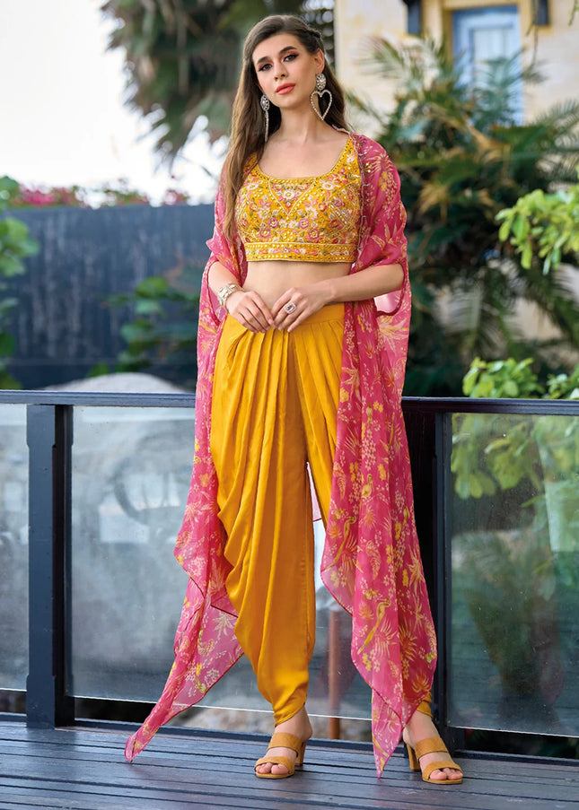 Yellow and Pink Embroidered Dhoti Style Suit