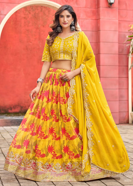 Yellow Printed and Embroidered Lehenga Choli