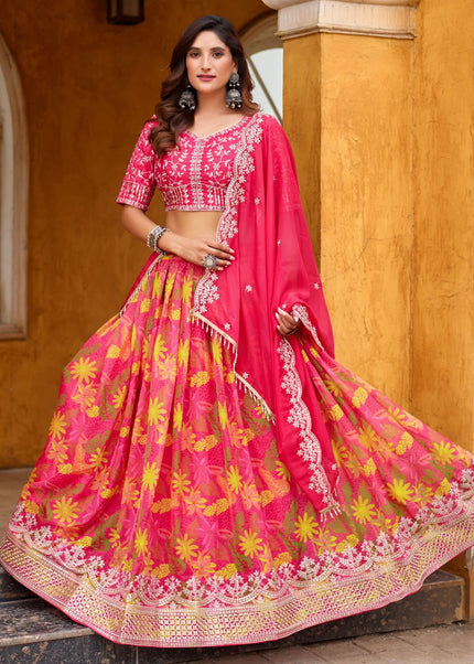 Pink Printed and Embroidered Lehenga Choli