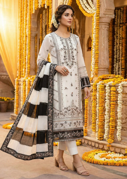 Offwhite and Black Embroidered Pant Style Suit