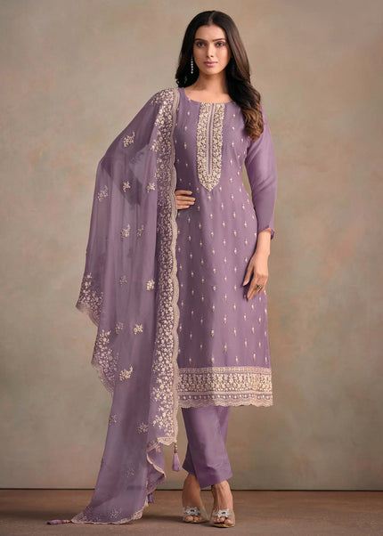 Purple Embroidered Pant Style Suit