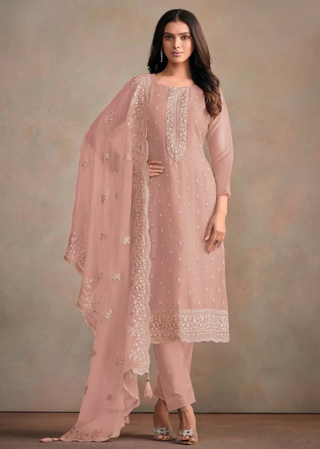 Peach Embroidered Pant Style Suit