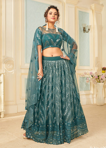 Teal and Silver Embroidered Lehenga