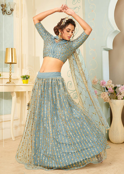 Light Blue and Gold Embroidered Lehenga