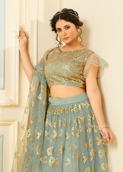 Blue Grey and Gold Embroidered Lehenga