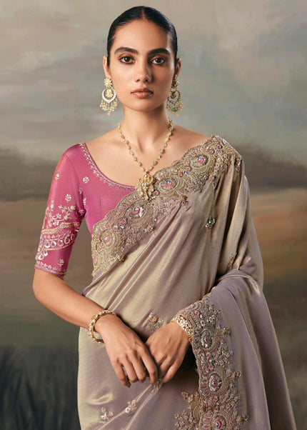 Pink and Grey Embroidered Festive Saree