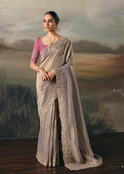 Pink and Grey Embroidered Festive Saree