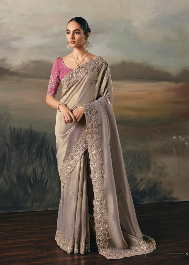 Pink and Grey Embroidered Festive Saree