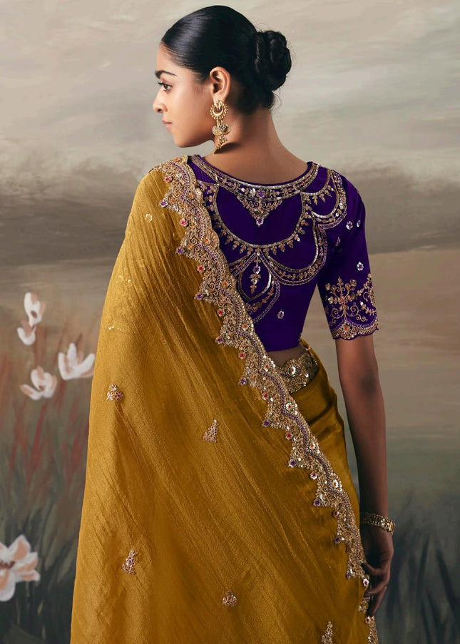 Mustard Yellow and Purple Embroidered Festive Saree