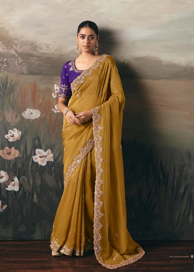 Mustard Yellow and Purple Embroidered Festive Saree